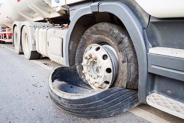 A blown-out tire on a commercial semi-truck with shredded rubber on the road pavement.