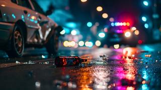 Damaged car and broken glass on a city street at night after a drunk driving accident, with a police car and flashing lights in the background and a discarded beer bottle in the foreground. Symbolizing an Austin drunk driving crash attorney.
