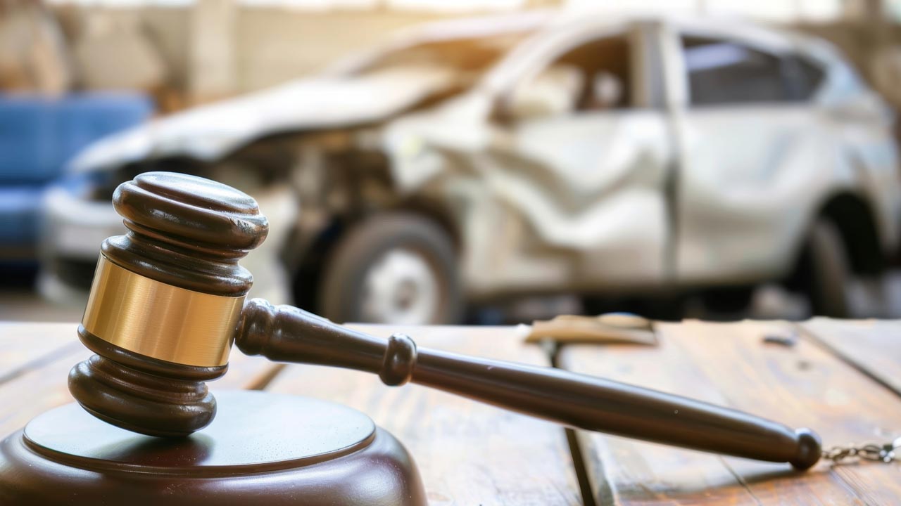 Brass-banded gavel resting on a wooden table with a heavily damaged white car in a repair bay behind it, representing Texas vehicle collision claims.