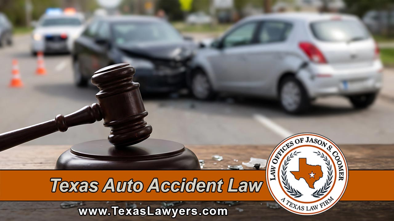 Wooden gavel on a table in front of a two-car collision on a Texas street with police lights and traffic cones behind it, beside the Law Offices of Jason S. Coomer Texas seal, representing Texas auto accident legal services.