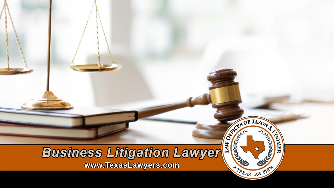 Golden scales of justice and a wooden gavel resting on law books beside the Law Offices of Jason S. Coomer Texas seal, representing Texas business litigation legal services.