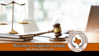 Golden scales of justice and a wooden gavel resting on law books beside the Law Offices of Jason S. Coomer Texas seal, representing Texas business litigation legal services.