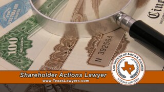 Magnifying glass examining stock certificates, representing investigation of Texas shareholder fraud