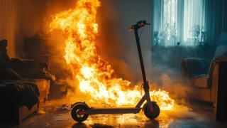 An electric scooter catching on fire in a house that symbolizes a Swagtron scooter fire injury lawyer.