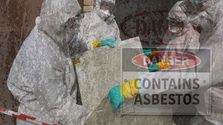 Workers in protective suits handling asbestos material with a visible warning sign that reads “Danger: Contains Asbestos that symbolizes a Texas Texas mesothelioma lawyer.”
