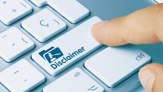 Finger pressing a keyboard key labeled 'Disclaimer' with a legal gavel icon.