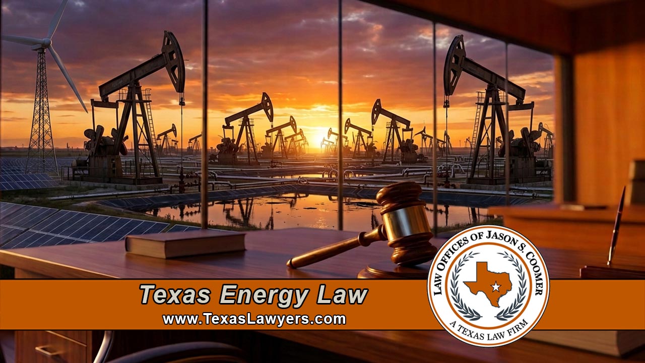 Law office desk with a wooden gavel and law book in front of floor-to-ceiling windows overlooking a West Texas oilfield at sunset, with pumpjacks, a wind turbine, and solar panels visible, beside the Law Offices of Jason S. Coomer Texas seal and the words Texas Energy Law.