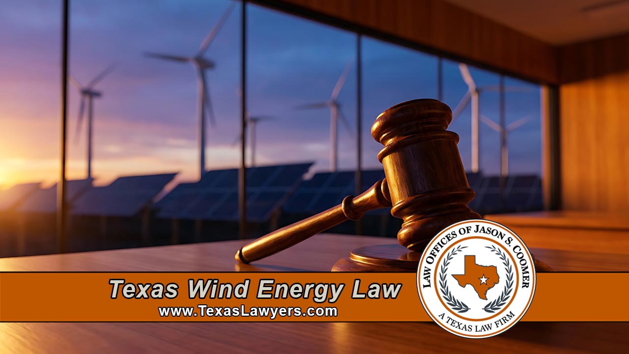 Wooden gavel on a law office desk in front of windows overlooking a row of wind turbines and solar panels at dusk, beside the Law Offices of Jason S. Coomer Texas seal and the words Texas Wind Energy Law.