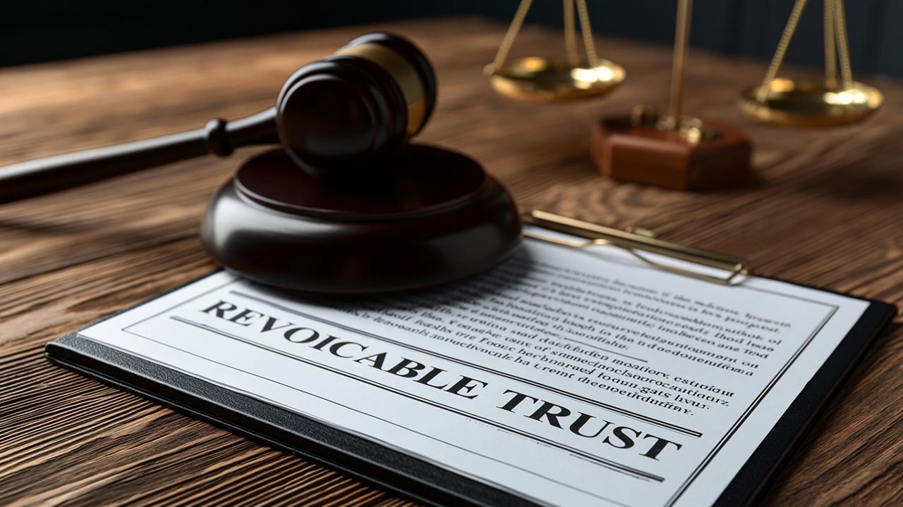 Gavel resting on a clipboard document reading Revocable Trust beside brass scales of justice, representing Texas trust litigation legal services.
