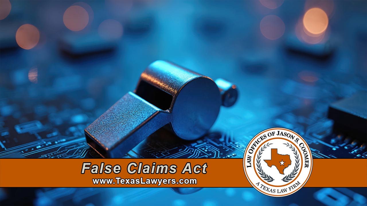 Chrome whistle resting on a blue circuit board, with the Law Offices of Jason S. Coomer Texas seal, representing False Claims Act qui tam whistleblower cases.