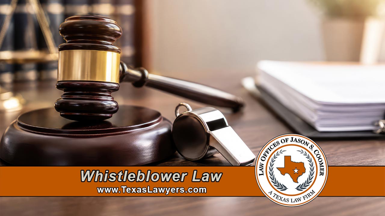 Wooden gavel and a silver whistle on a desk beside law books and a case file, with the Law Offices of Jason S. Coomer Texas seal, representing federal whistleblower law.